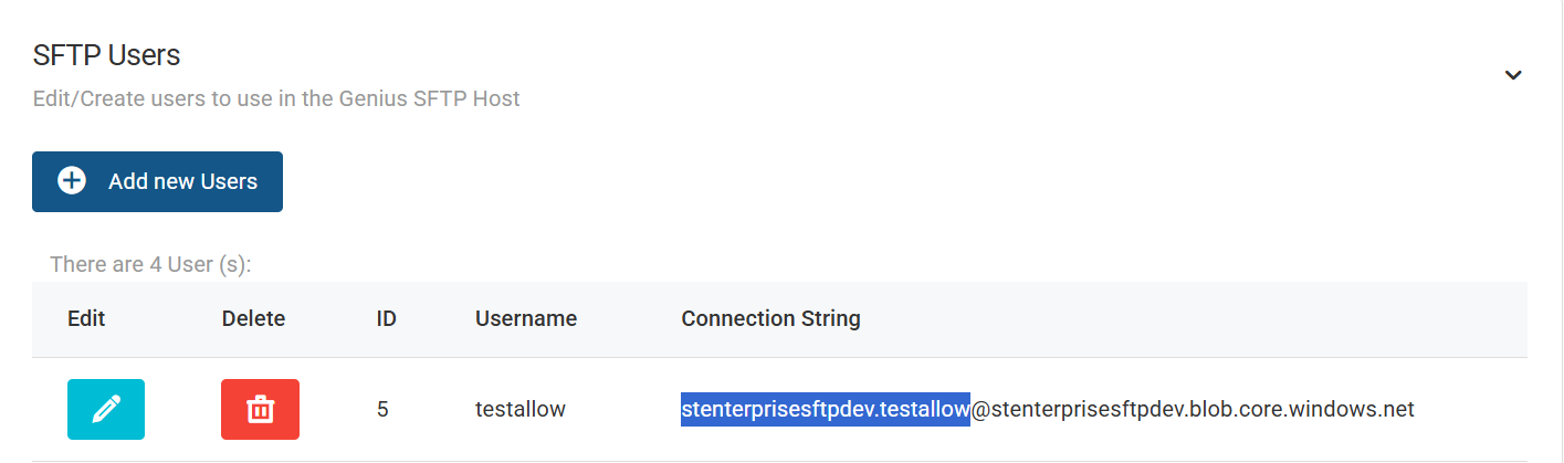 Shows the list of SFTP Users with the username highlighted