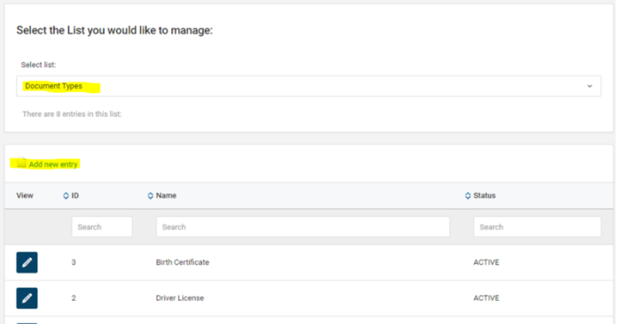 Screenshot of Document Types
