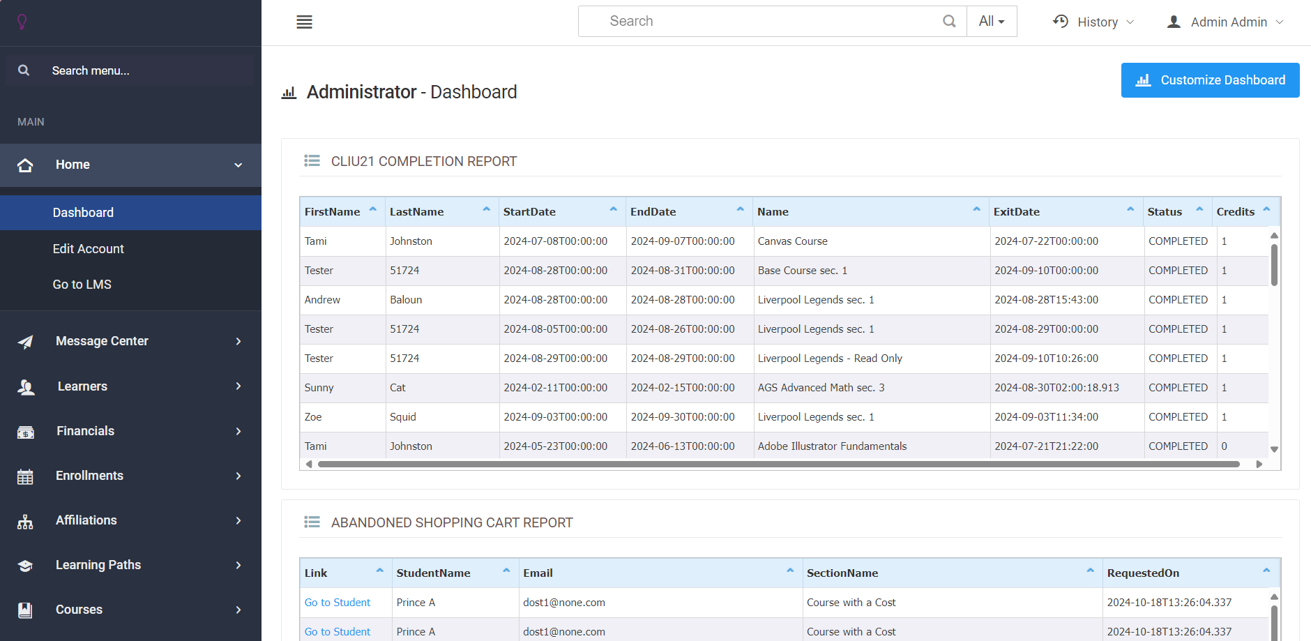 Screenshot of Admin Homepage