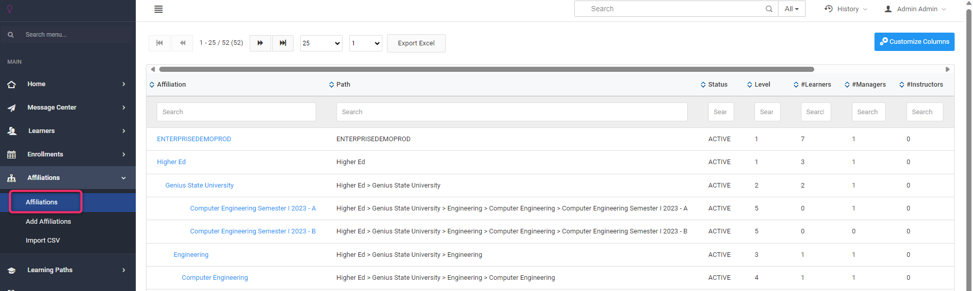 Screenshot of Affiliations Screen
