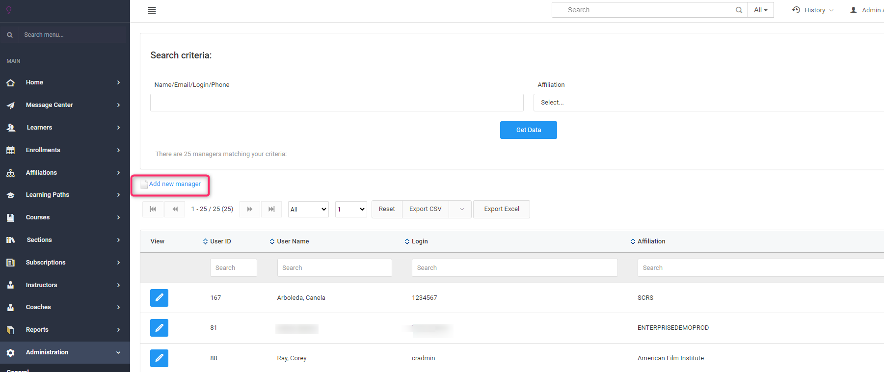 Screenshot of Adding a New Affiliation Manager