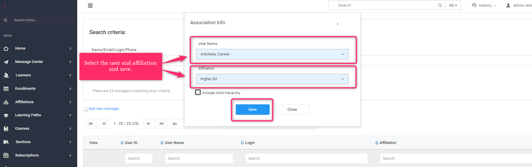 Screenshot of Adding User Name and Affiliation when Adding a New Manager