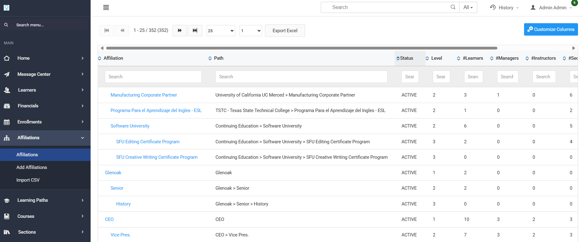 Screenshot of Affiliations Menu