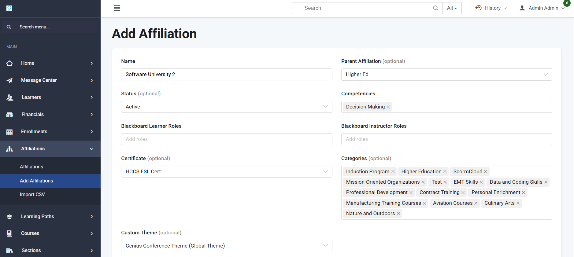 Screenshot of Adding an Affiliation