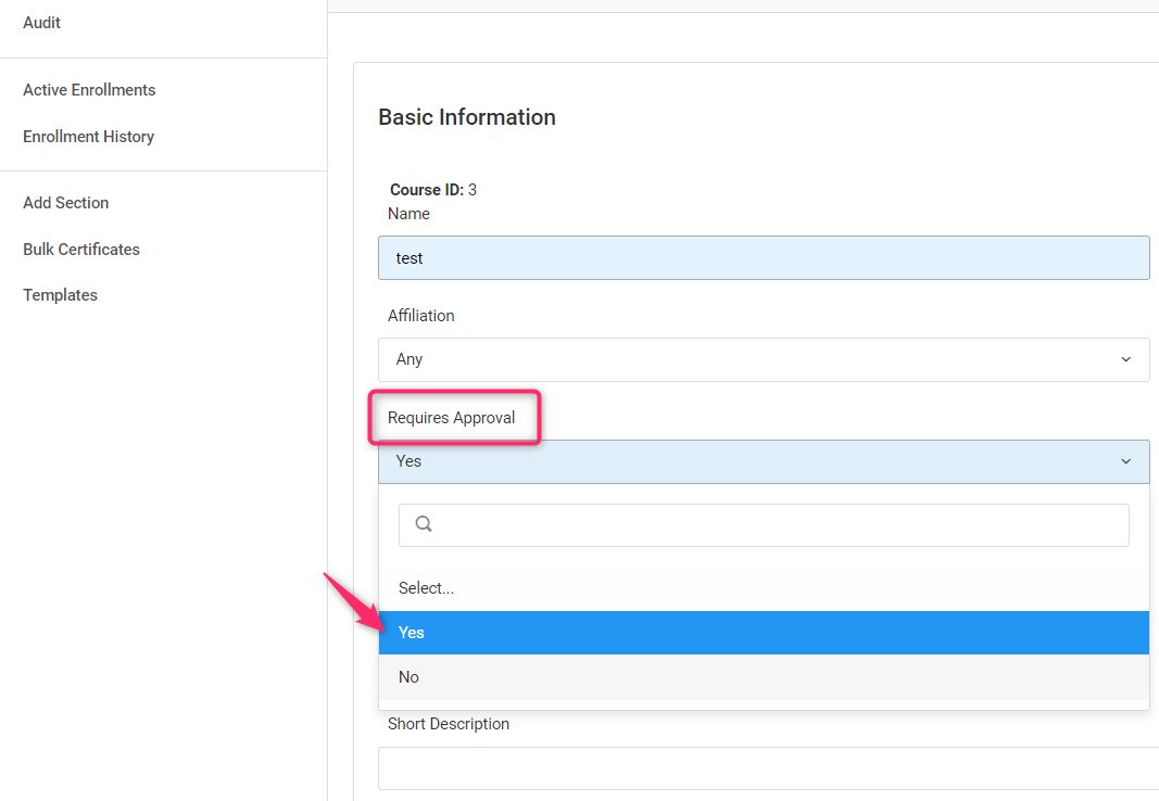 Screenshot of Adding Approval Process to a Course