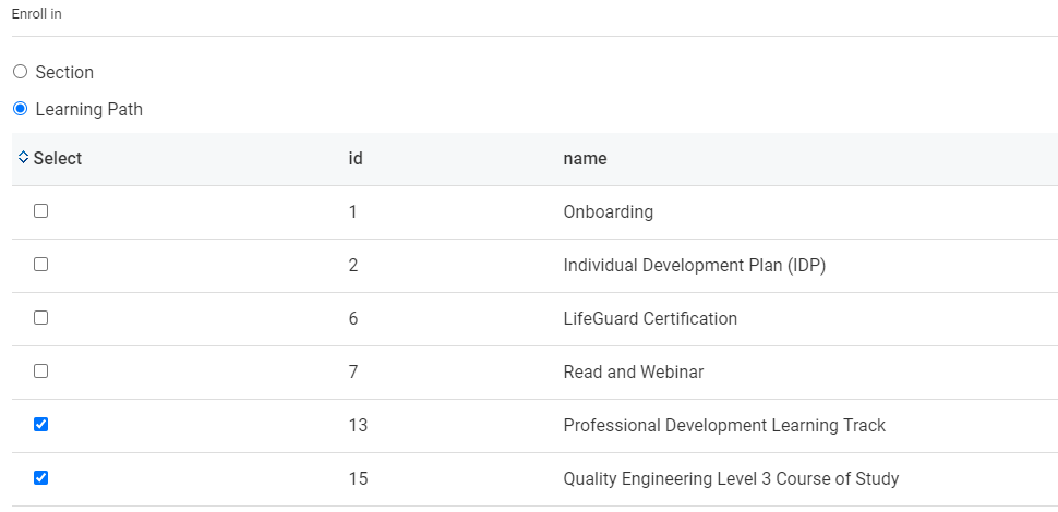 Screenshot Enrolling in Learning Paths as part of the Prescriptive Rule
