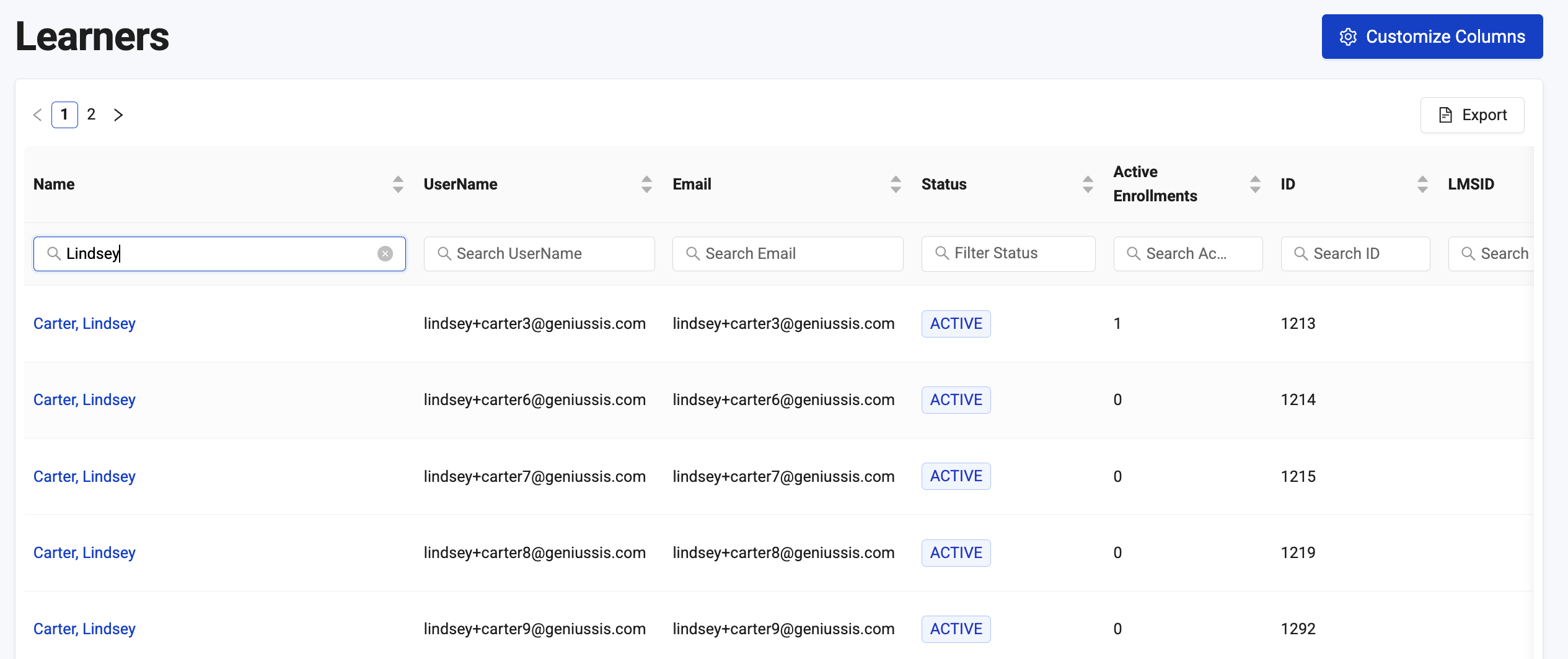 Screenshot of Learner List in Administrative View