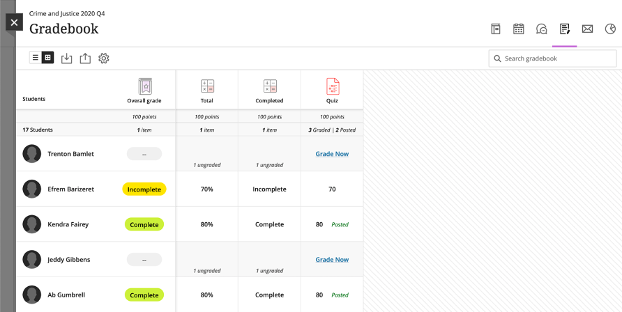 Screenshot of Blackboard Learn Ultra Gradebook
