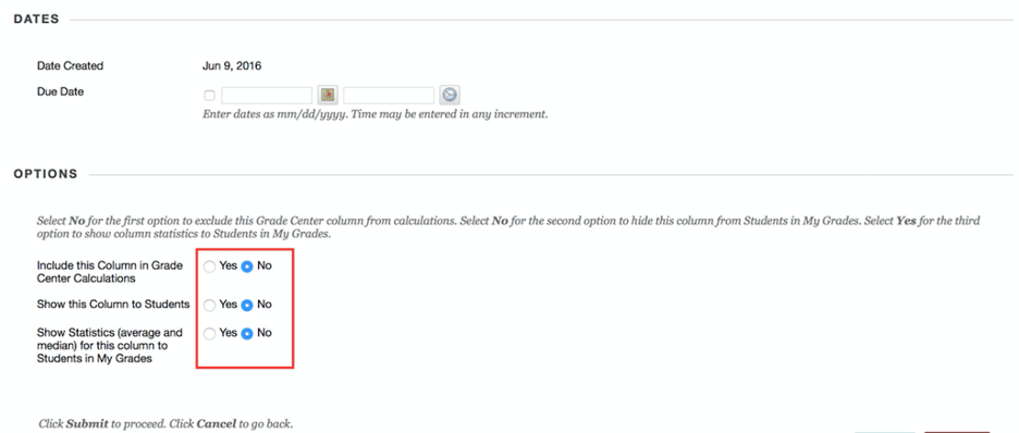 Screenshot of Blackboard Learn Dates