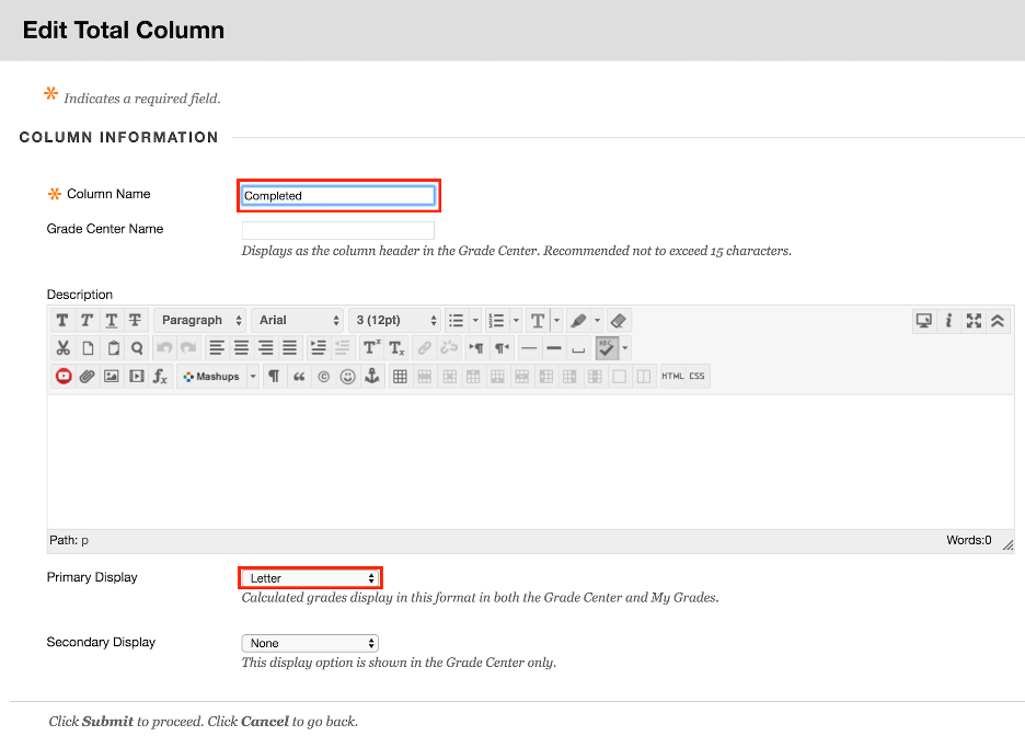 Screenshot of Editing Blackboard Learn Columns