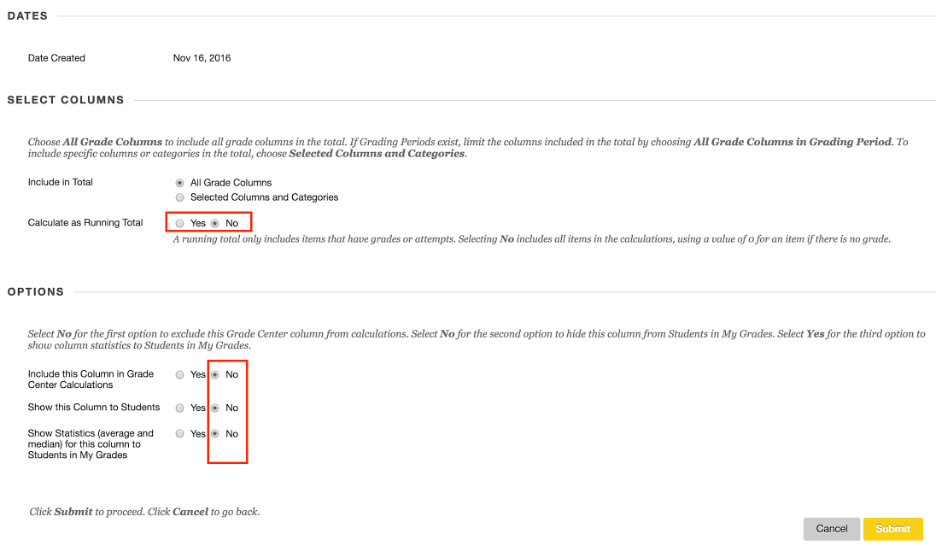Screenshot of Blackboard Learn Dates and Options