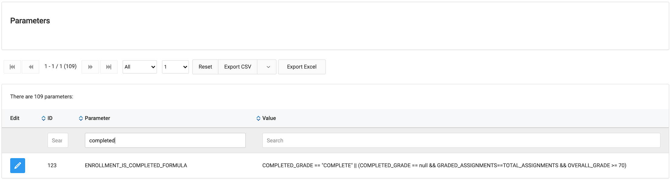Screenshot of Parameters