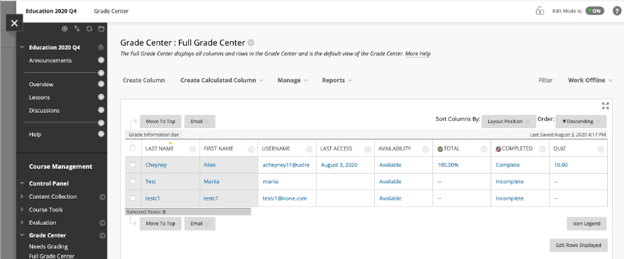 Screenshot of Blackboard Learn Gradebook
