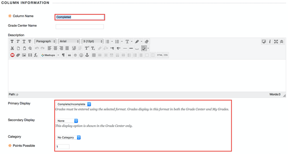 Screenshot of Blackboard Learn Column Editing