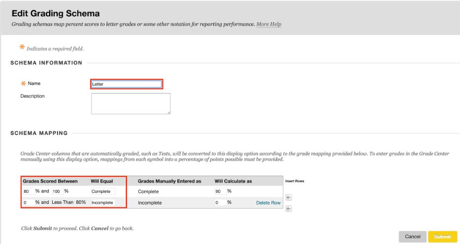 Screenshot of Blackboard Learn Grade Schema