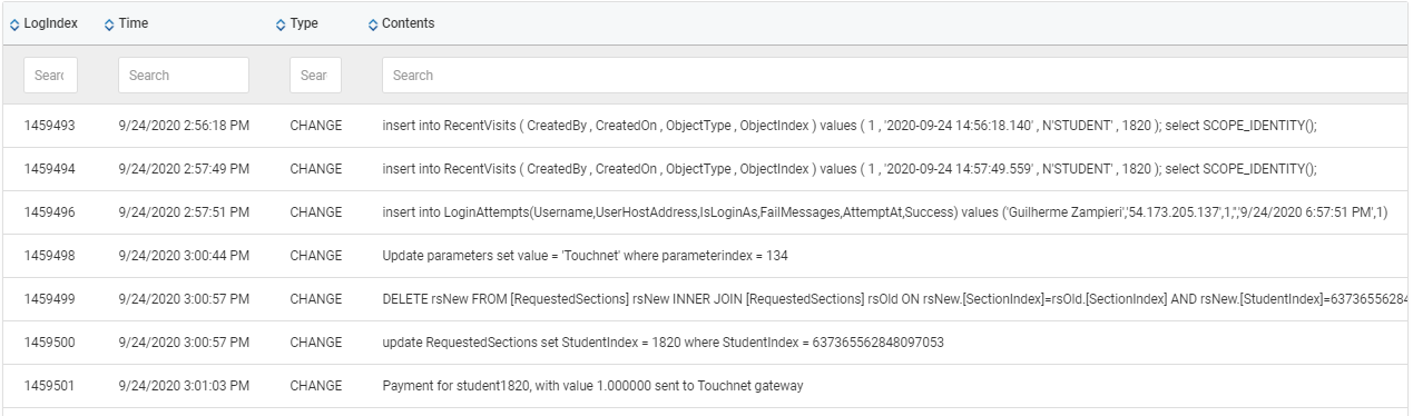 Logs results on the Logs page