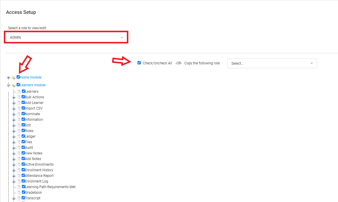 Access Setup page configurations