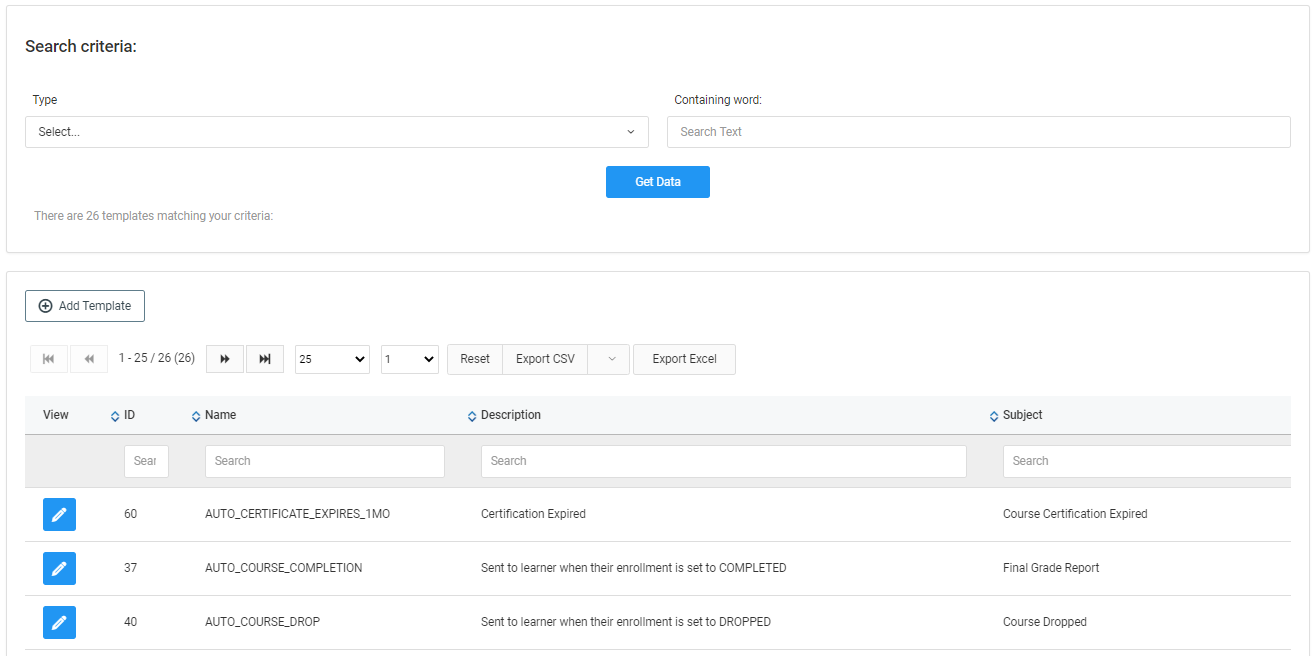 Page with list of Parameters