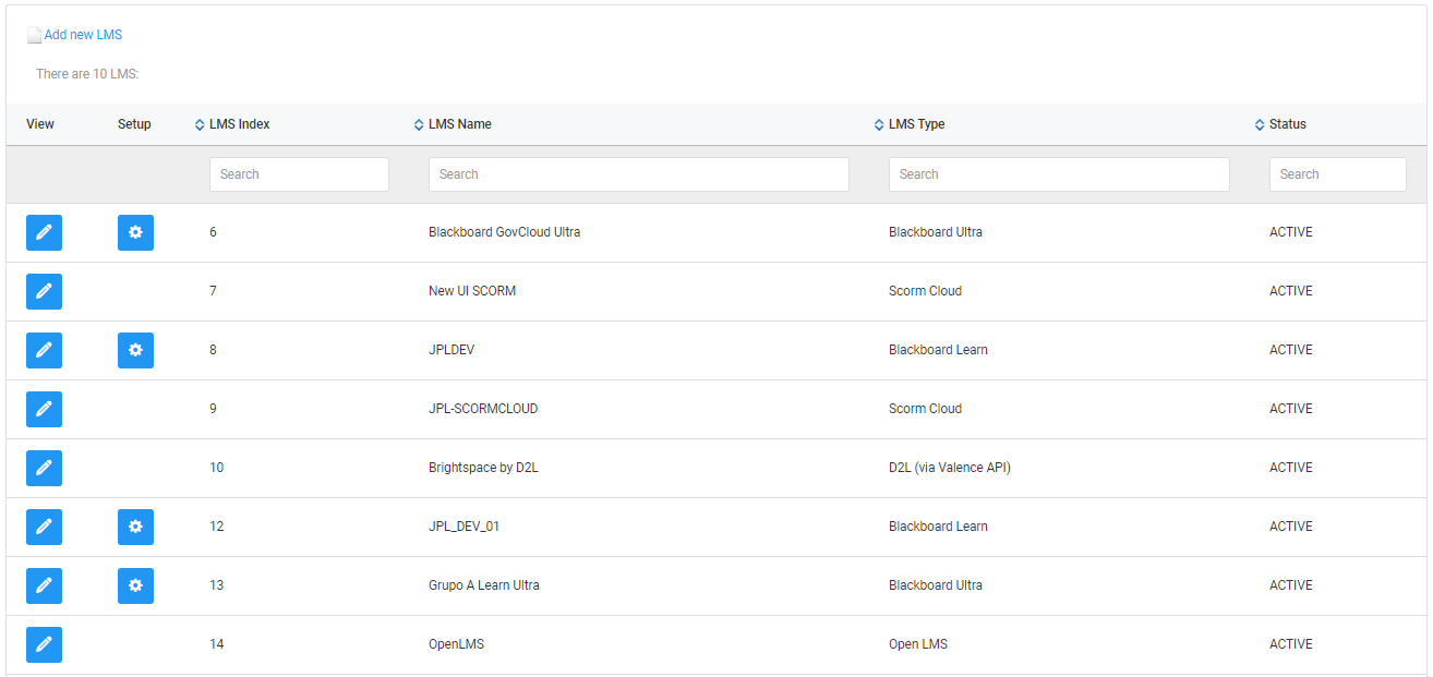 LMS configuration page with list of current LMS connections
