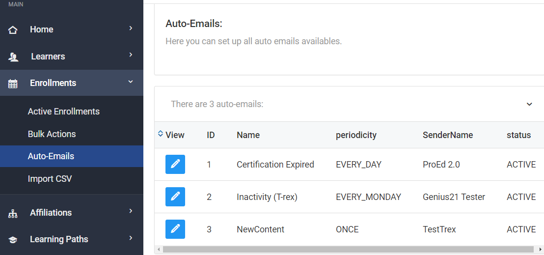 Screenshot of Viewing all Bulk Emails