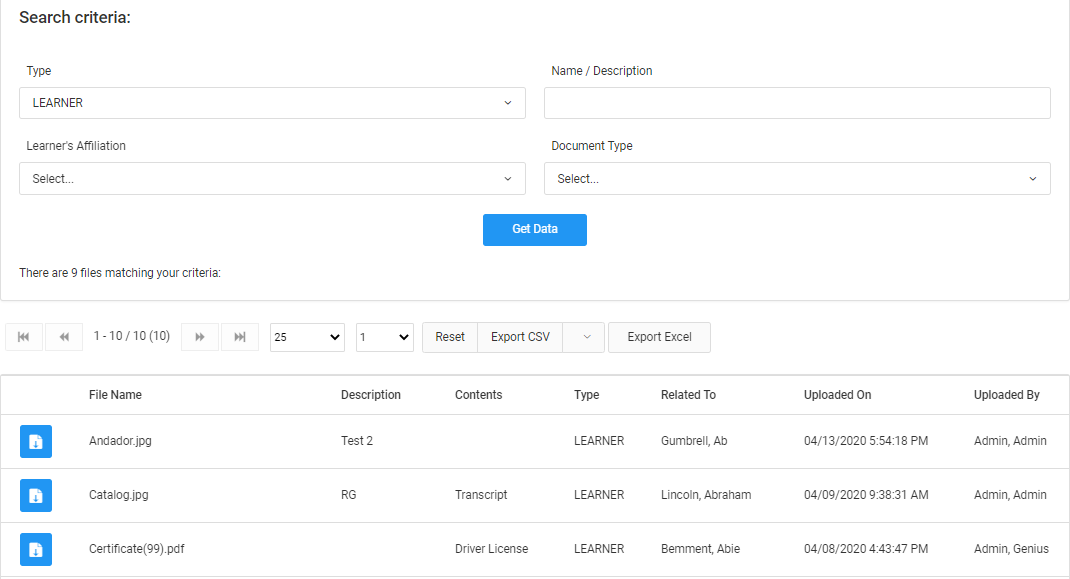 Data shown of files uploaded by Learners in the Genius site