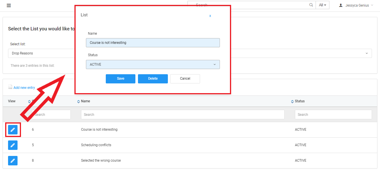 Lists page showing how to edit a list item.