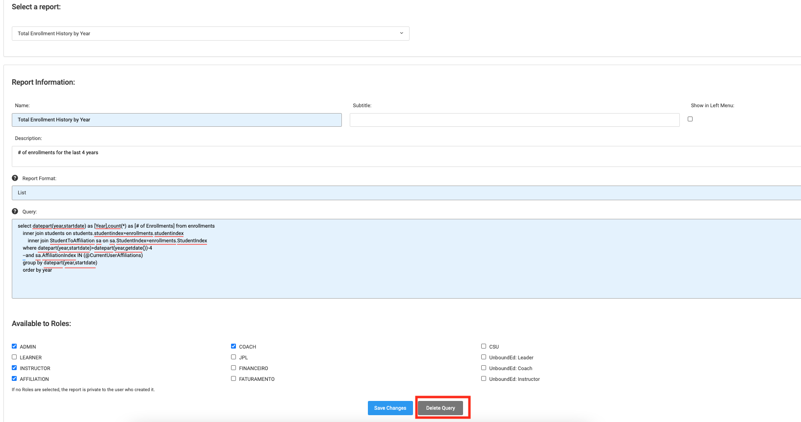 Screenshot of Deleting Report