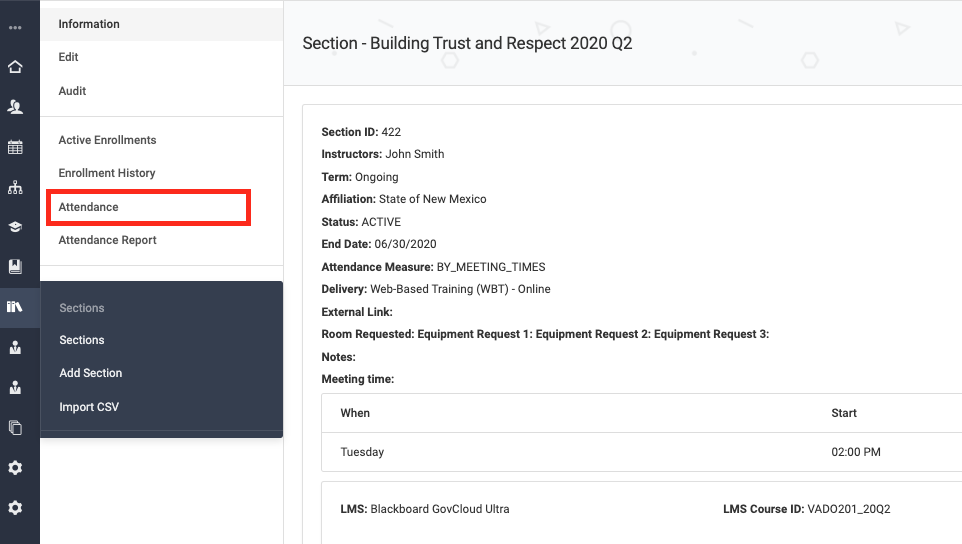 Screenshot Attendance for a Section Tab