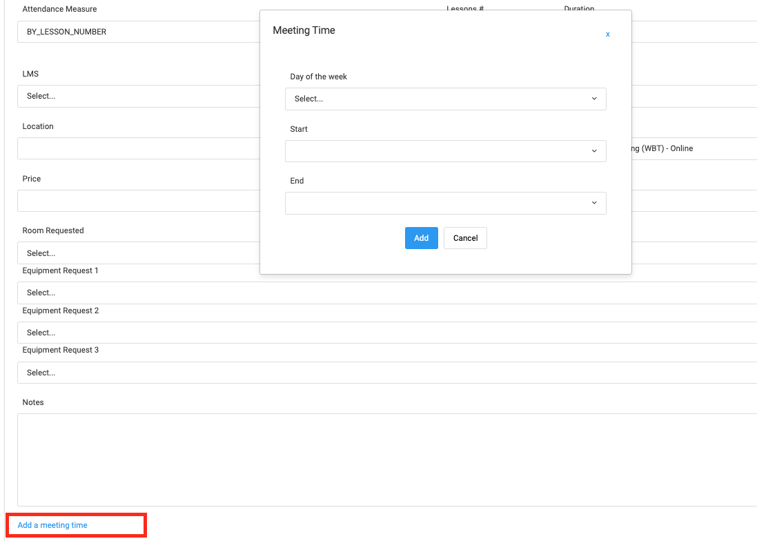 Screenshot Adding a New Meeting Time for a Section