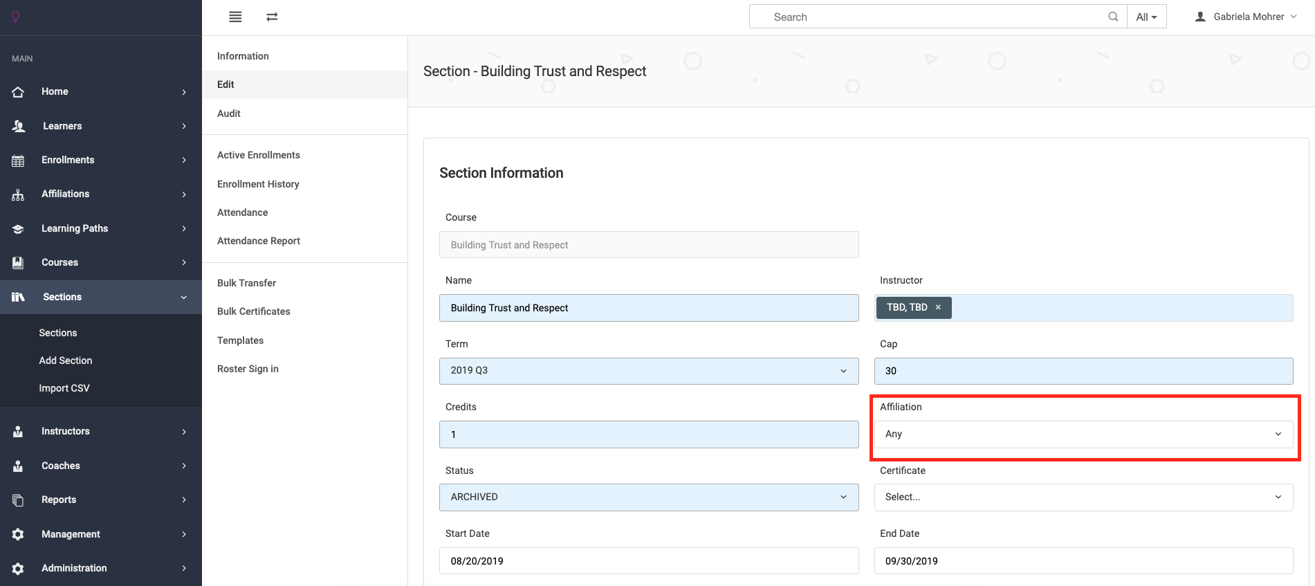 Screenshot of Editing Section