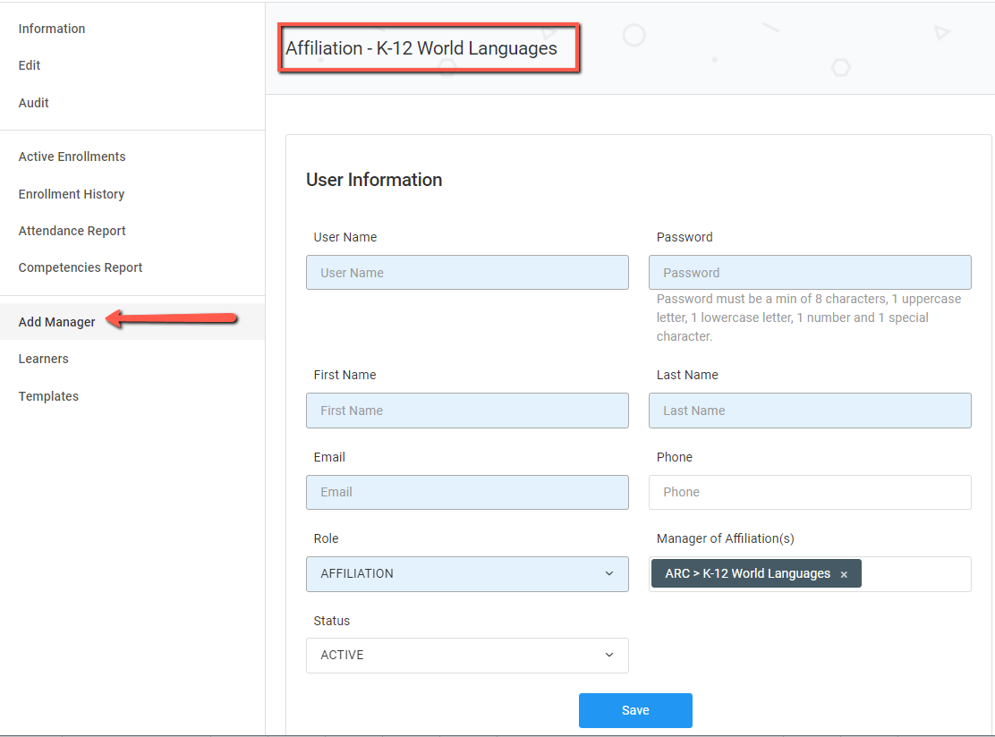 Screenshot of Adding Affiliation Managers on the Affiliation Screen