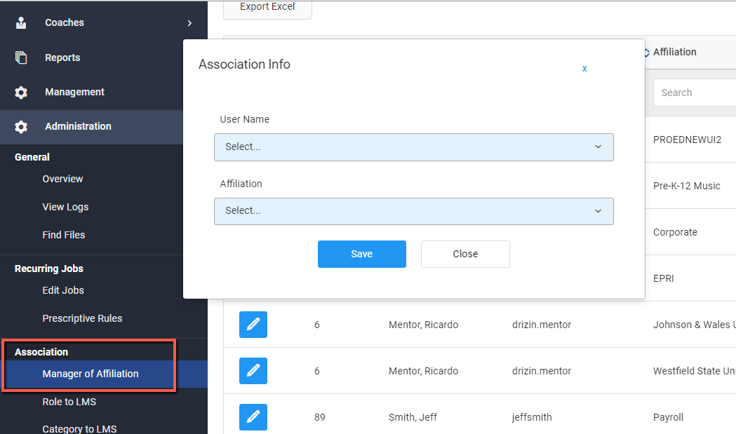 Screenshot of Associating Managers of Affiliations