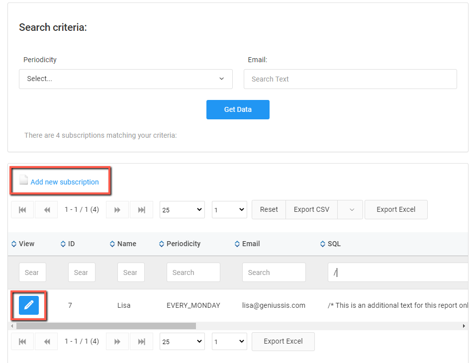 Screenshot Adding New Suscription and Viewing Subscriptions