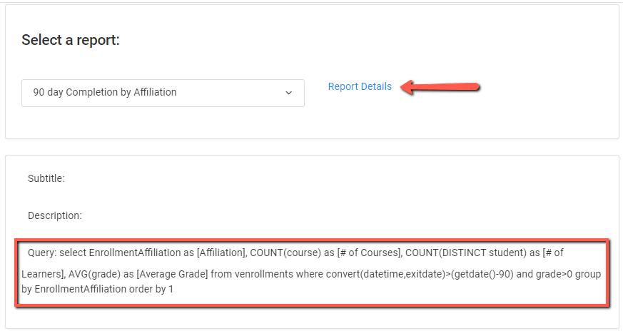 Screenshot Report Details and SQL Query