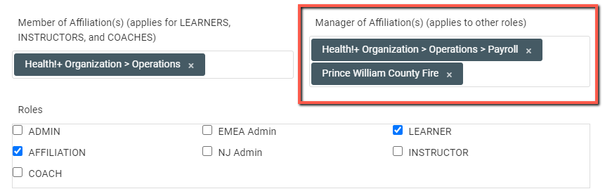 Screenshot of Affiliation and Roles
