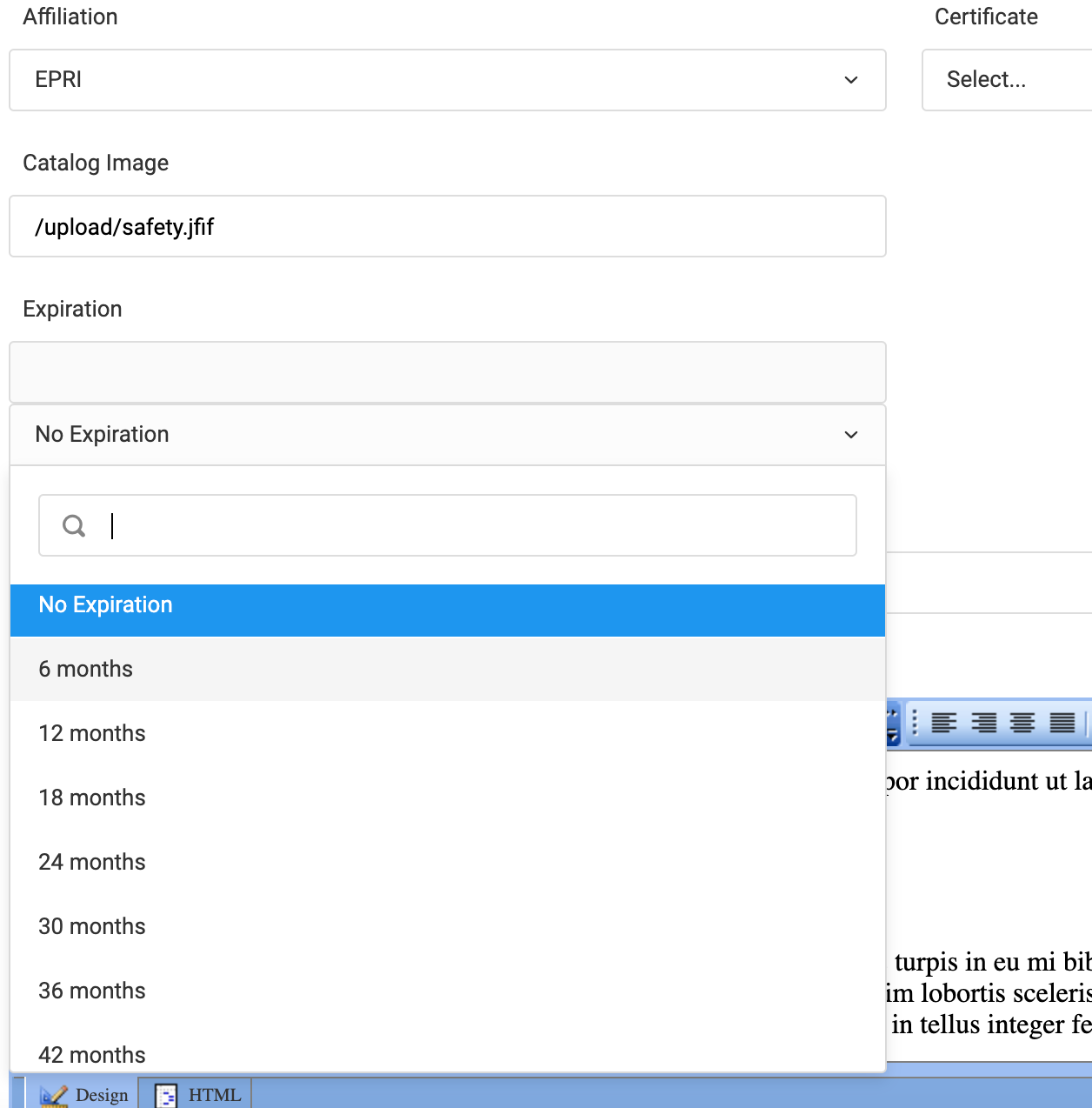 Screenshot of Selecting Expiration Options