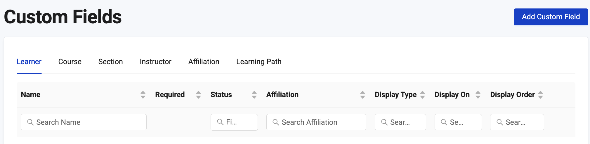 Screenshot of Learning Path Custom Fields