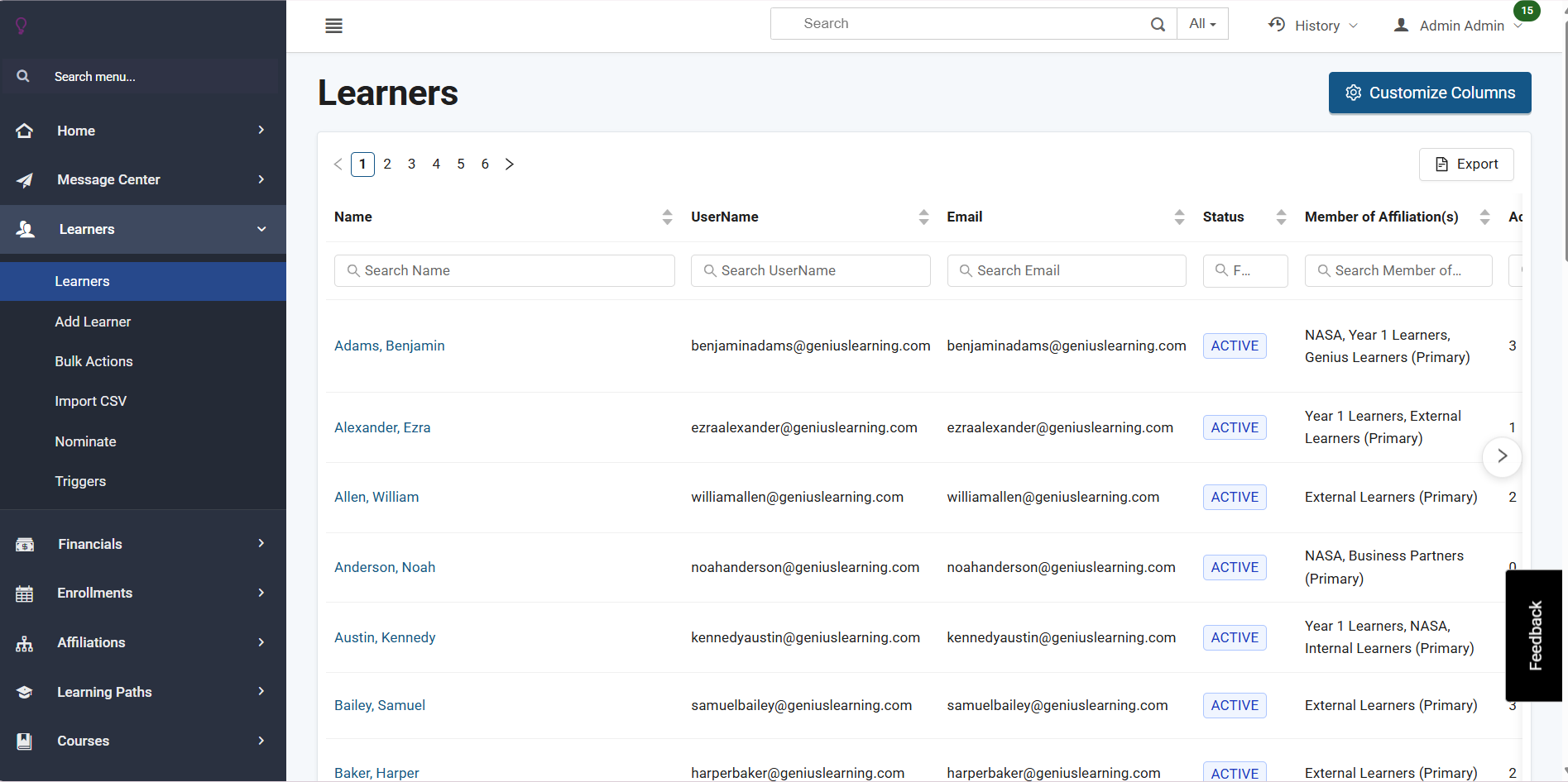 Screenshot of Learners Page