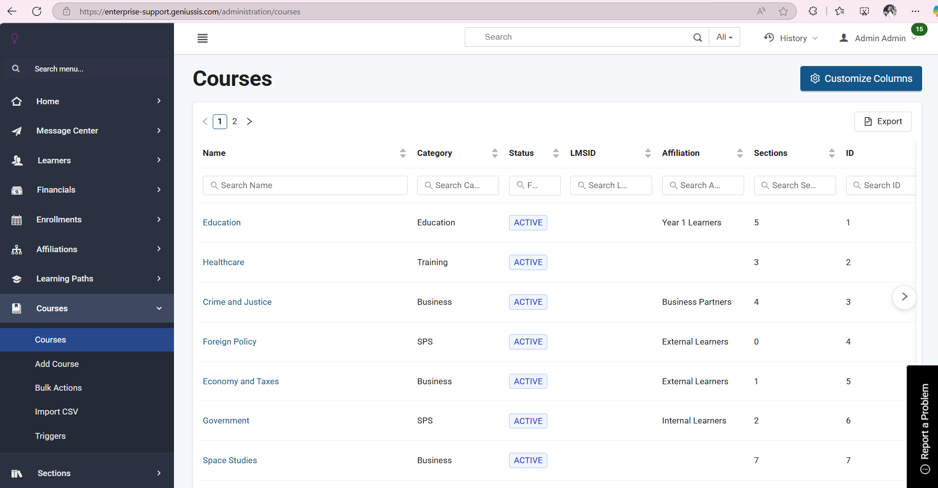Screenshot of Courses page