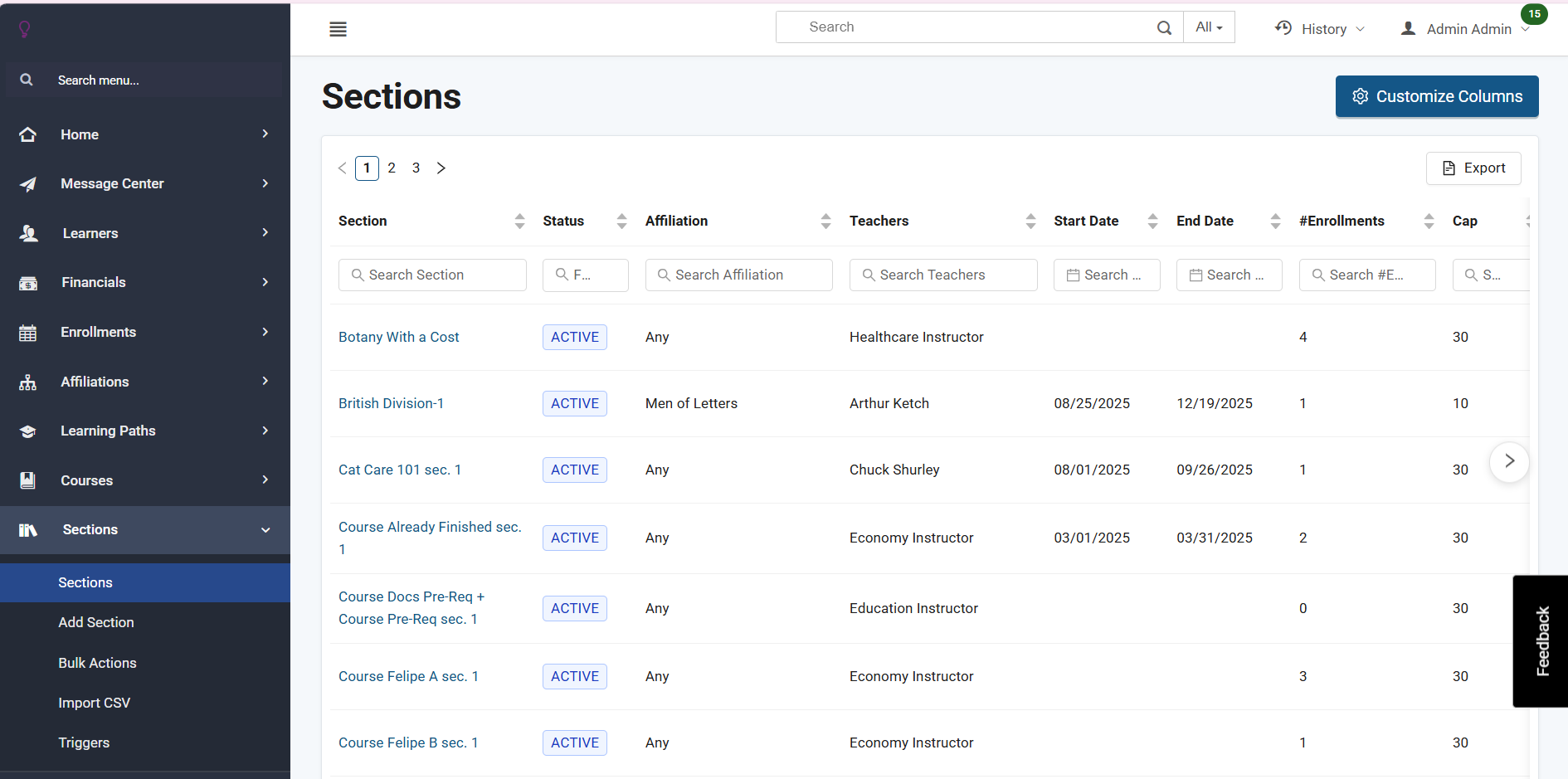 Screenshot of Sections Page