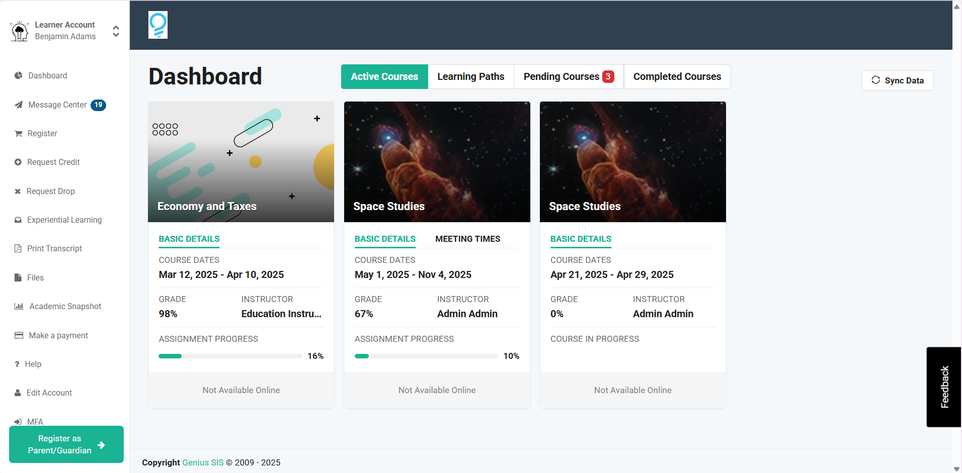 Screenshot of the Dashboard from a Learner's View