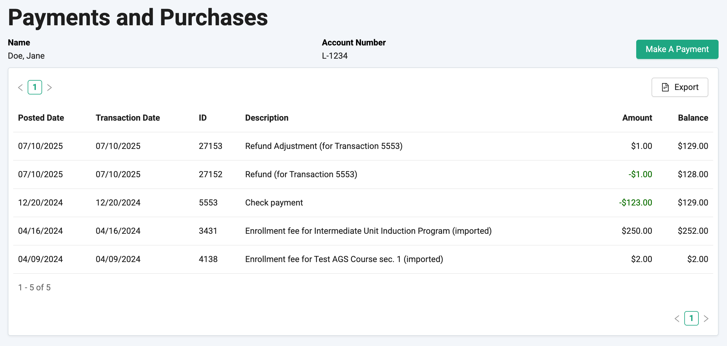 Screenshot of Payments and Purchases detailing Learner Transactions