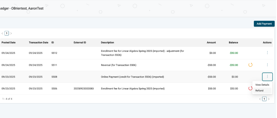 Image of the expanded Actions menu showing the Refund option