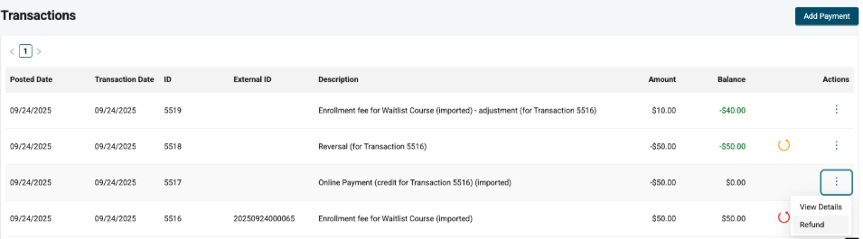 Image of the expanded Actions menu showing the Refund option