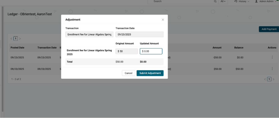 Image of the adjustment screen for a purchase