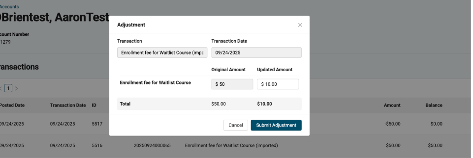 Image of the adjustment screen for a purchase