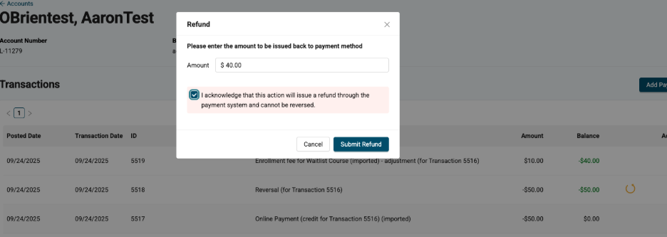 Image of the refund screen where the amount can be edited