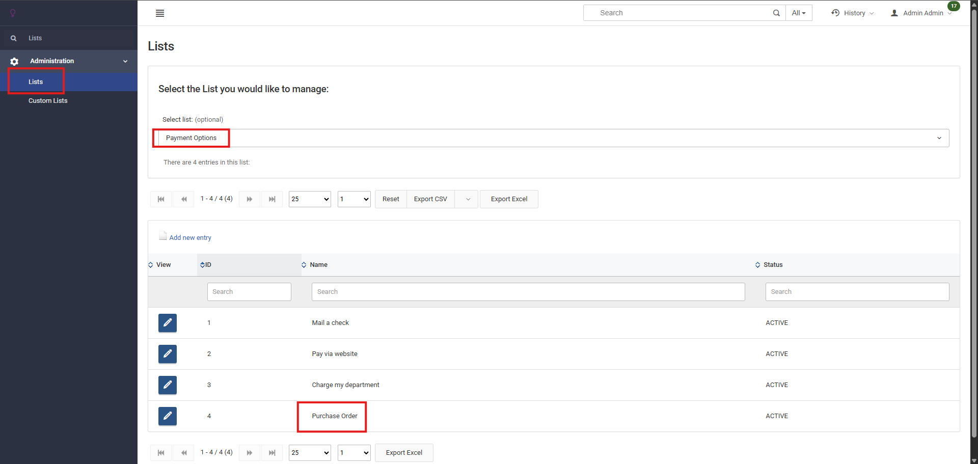 Payment Options screen