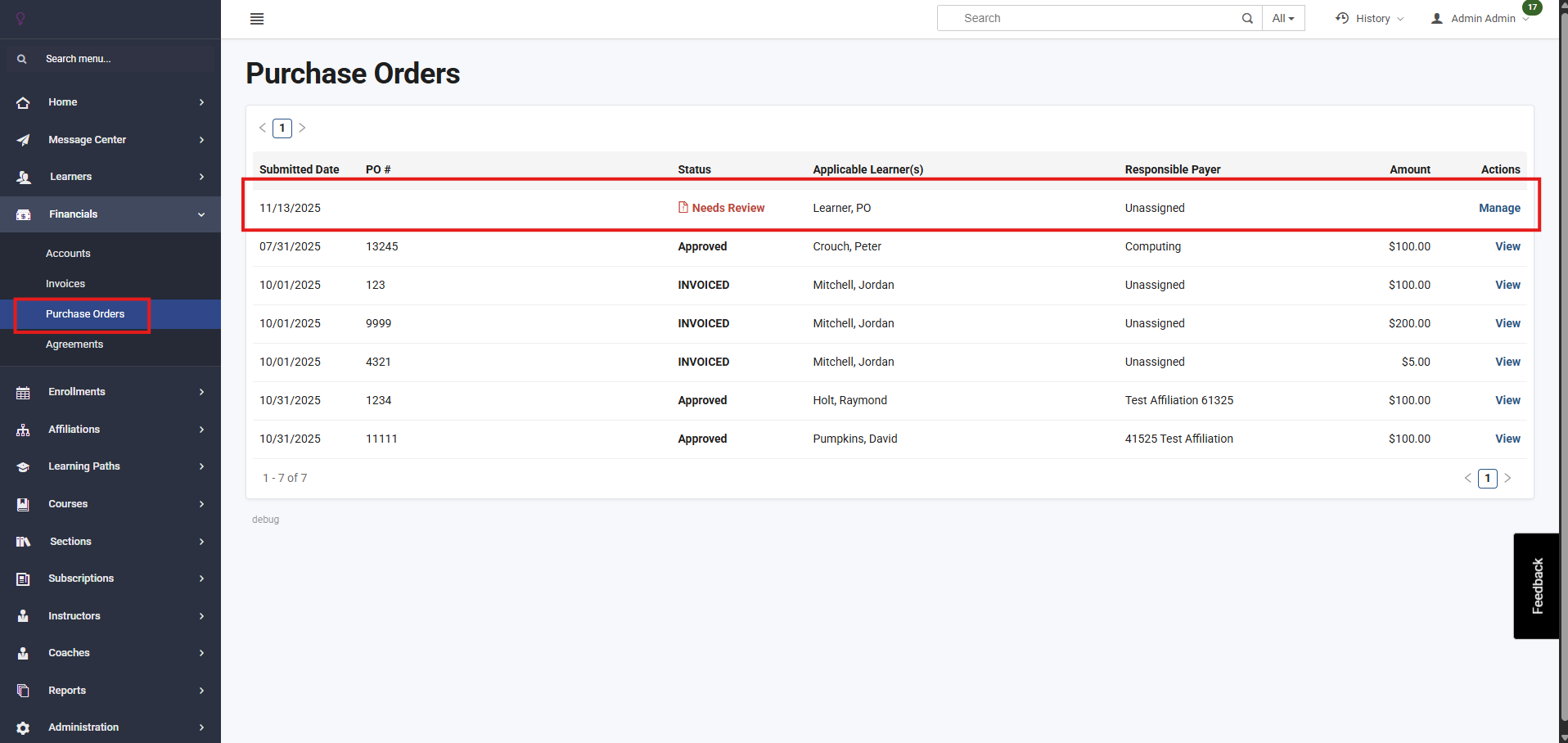 Purchase order management screen
