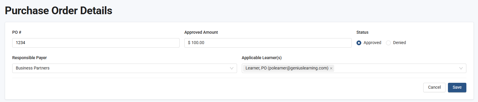 Purchase order details screen